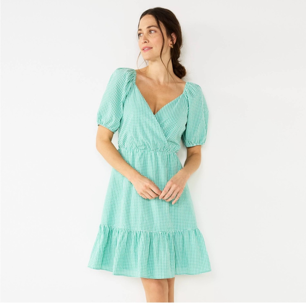 Draper James RSVP Gingham Puff Sleeve Surplice Dress Size Large